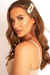 Gold Pearl Diamante Embellished Rectangle Hair Clip - Raeven