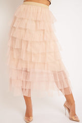 Nude High Waisted Tulle Ruffle Midi Skirt - Aaliyana