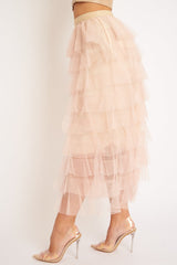 Nude High Waisted Tulle Ruffle Midi Skirt - Aaliyana