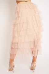 Nude High Waisted Tulle Ruffle Midi Skirt - Aaliyana