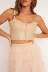 Beige PU Zip Front Bralet - Linsa
