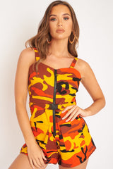Orange Camo Front Zip Utility Buckle Playsuit - Rosia