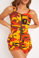 Orange Camo Front Zip Utility Buckle Playsuit - Rosia
