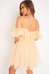 Beige Bardot Off Shoulder Tulle Ruffle Dress - Aarilyn