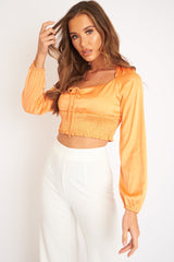 Orange Shirred Long Sleeve Strap Back Detail Crop Top -Traniyah