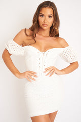 White Embroidered Milkmaid Lace Up Detail Dress - Yaribeth