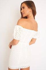 White Embroidered Milkmaid Lace Up Detail Dress - Yaribeth