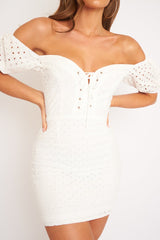 White Embroidered Milkmaid Lace Up Detail Dress - Yaribeth