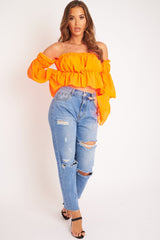 Neon Orange Ruffle Bardot Crop Top - Ammie