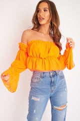 Neon Orange Ruffle Bardot Crop Top - Ammie