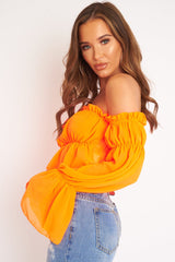 Neon Orange Ruffle Bardot Crop Top - Ammie