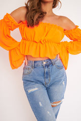 Neon Orange Ruffle Bardot Crop Top - Ammie