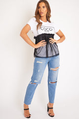 White Coco slogan mesh layer T-shirt - Sarah