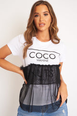 White Coco slogan mesh layer T-shirt - Sarah