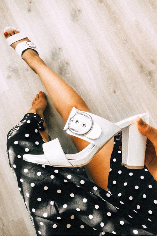 White Buckle Strap Mules - Lilo