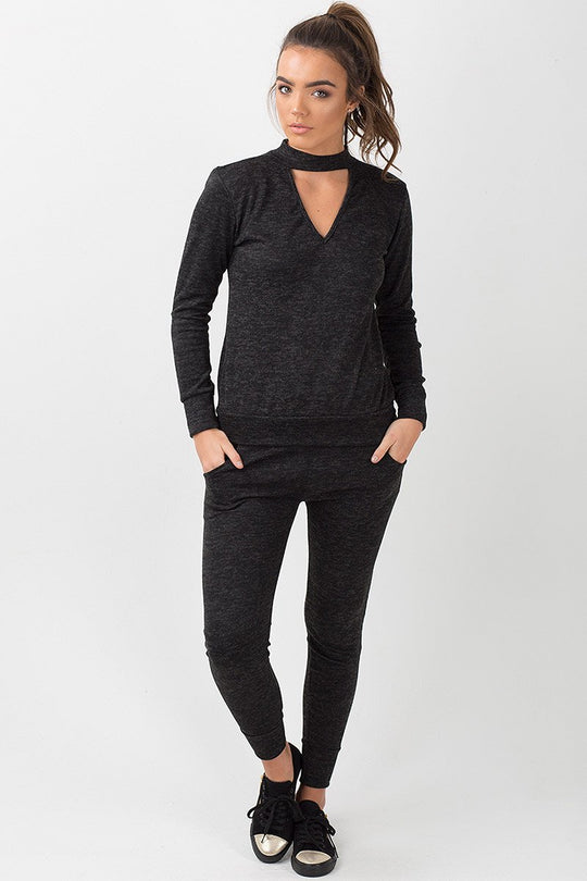 Charcoal Soft Cut Out Choker Neck Tracksuit - Lily