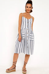 Blue And White Stripe Button Up Dress - Lilyanne