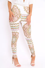 White and Rose Scarf Print Leggings - Lilyan