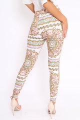 White and Rose Scarf Print Leggings - Lilyan