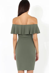 Khaki Bardot Frill Midi Dress - Lily