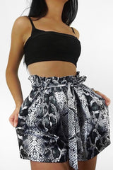Grey Snake Print Paper Bag Waist Shorts - Lilybeth