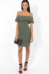 Khaki Bardot Frill Midi Dress - Lily