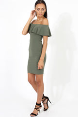 Khaki Bardot Frill Midi Dress - Lily