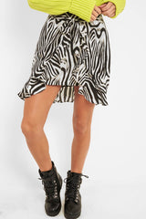 Zebra Print Frill Tie Front Mini Skirt - Daizee