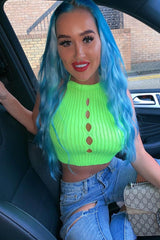 Lime Green Knit Halterneck Button Crop Top - Penina