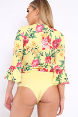 Yellow Floral Wrap Side Tie Bodysuit - Lincy