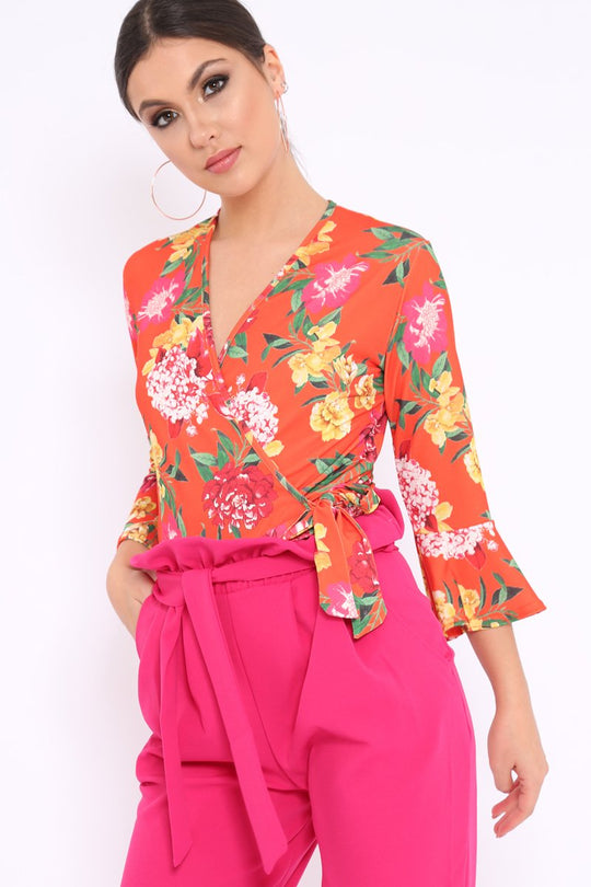 Orange Floral Wrap Side Tie Bodysuit - Lincy