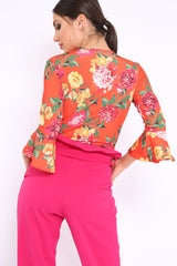 Orange Floral Wrap Side Tie Bodysuit - Lincy