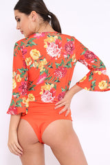 Orange Floral Wrap Side Tie Bodysuit - Lincy