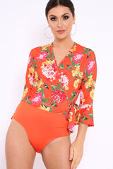 Orange Floral Wrap Side Tie Bodysuit - Lincy