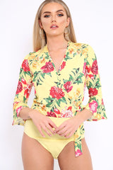 Yellow Floral Wrap Side Tie Bodysuit - Lincy