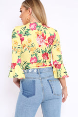 Yellow Floral Wrap Side Tie Bodysuit - Lincy