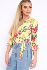 Yellow Floral Wrap Side Tie Bodysuit - Lincy