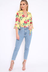 Yellow Floral Wrap Side Tie Bodysuit - Lincy