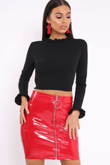 Black Ruffle Neck Lace Up Back Crop Top - Lindsey