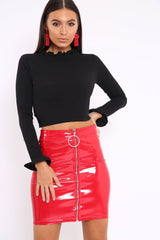 Black Ruffle Neck Lace Up Back Crop Top - Lindsey