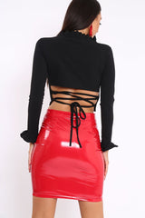 Black Ruffle Neck Lace Up Back Crop Top - Lindsey