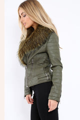 Khaki Faux Leather Biker Jacket with Fur Collar - Lindy