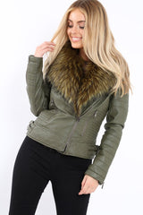Khaki Faux Leather Biker Jacket with Fur Collar - Lindy