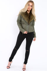 Khaki Faux Leather Biker Jacket with Fur Collar - Lindy