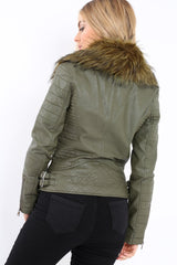 Khaki Faux Leather Biker Jacket with Fur Collar - Lindy