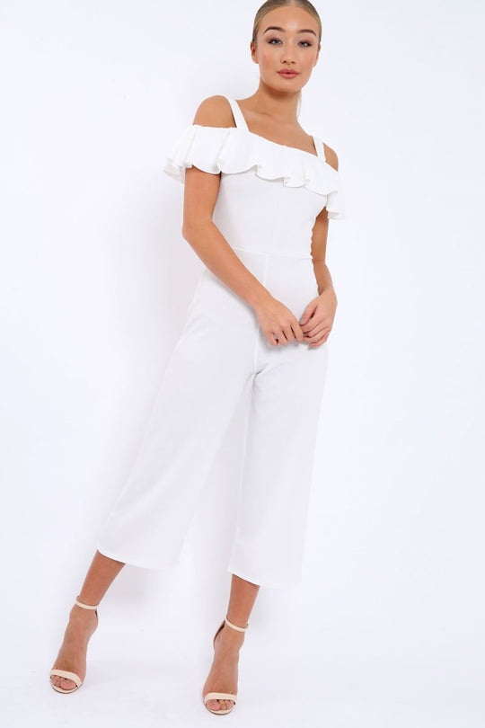 White Cold Shoulder Jumpsuit - Linora