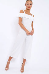White Cold Shoulder Jumpsuit - Linora