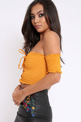 Mustard Bardot Lace Up Frill Shirred Crop Top - Linsa