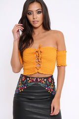 Mustard Bardot Lace Up Frill Shirred Crop Top - Linsa