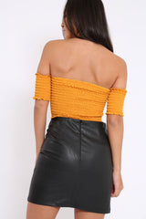 Mustard Bardot Lace Up Frill Shirred Crop Top - Linsa